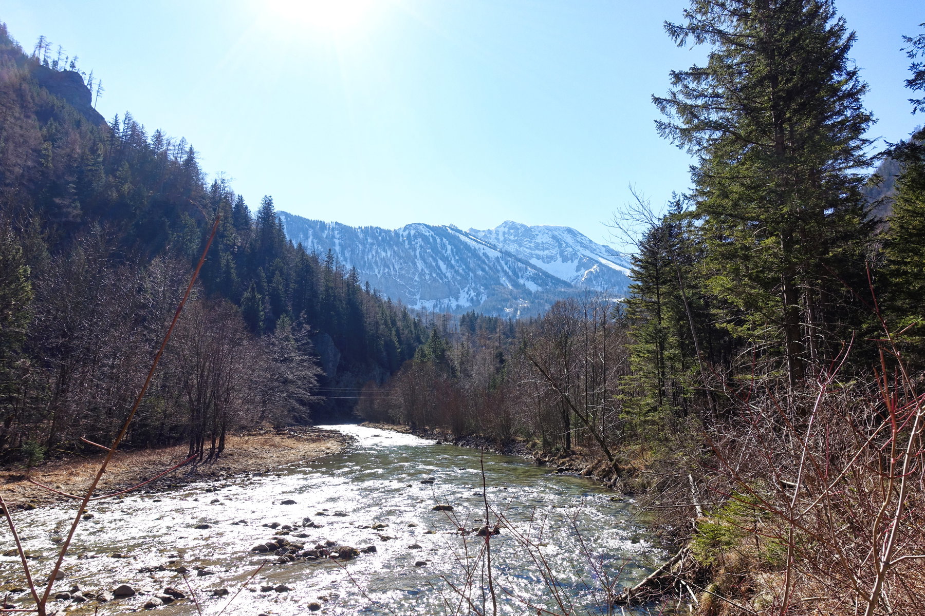 Erlauf flußaufwärts fotografiert, auf den Ötscher hin. Foto: Martin Heppner