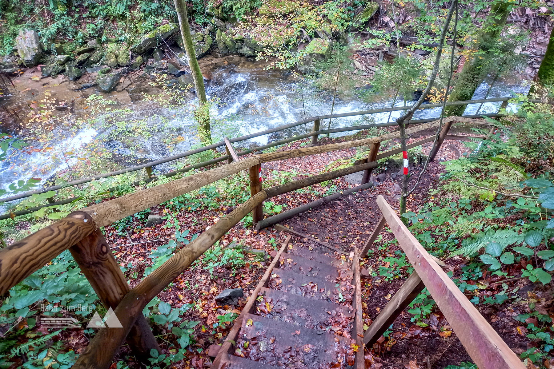 Eine Holztreppe führt an dieser Stelle steil nach unten. Foto: Martina Friesenbichler