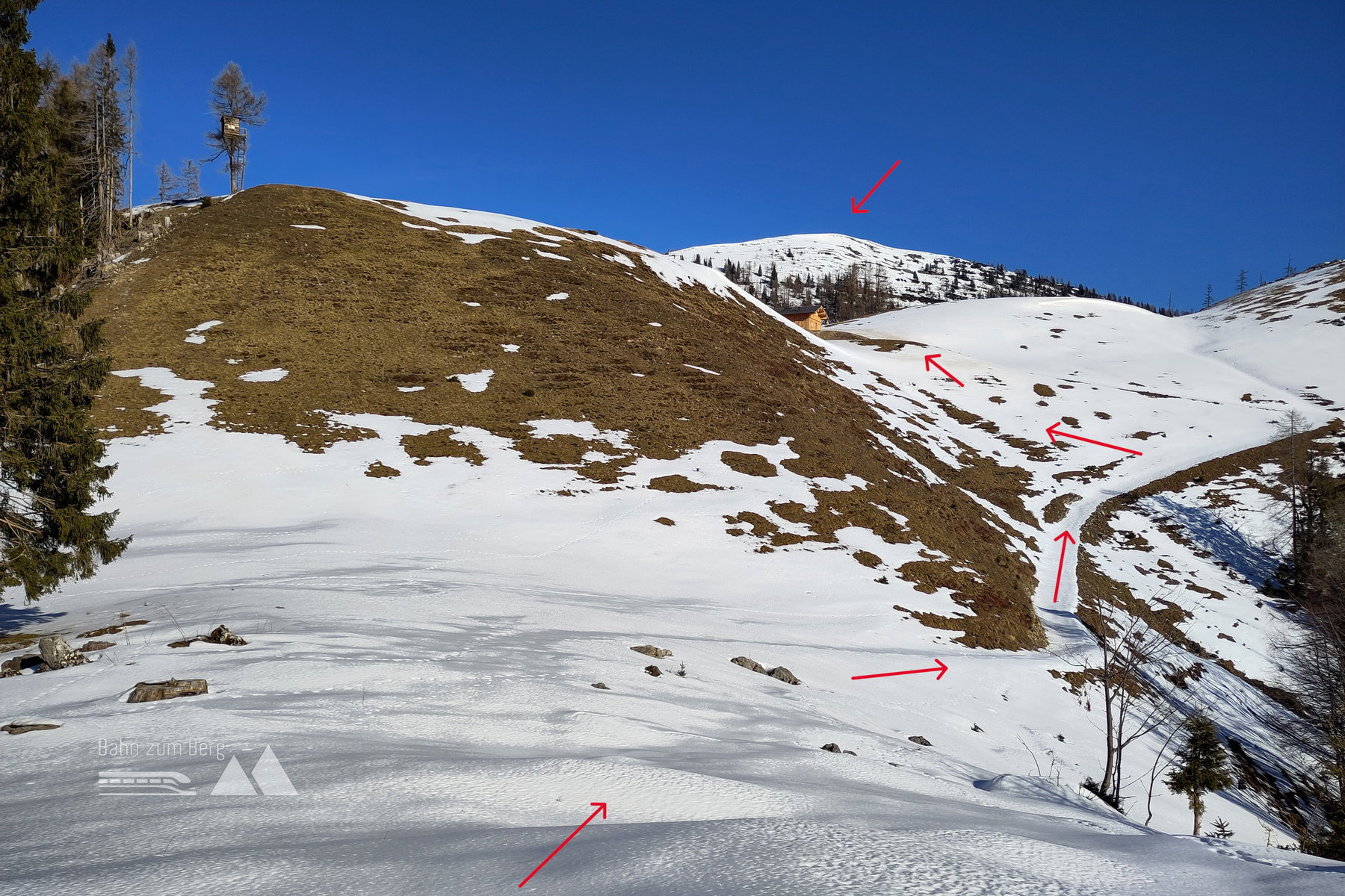 Je nach Hangneigung: Gras oder Schnee – hinten der Hochbühel. Foto: Karl Plohovich