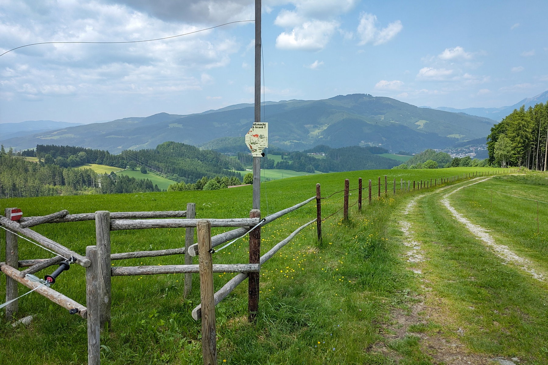 Im Tal ist Mürzzuschlag zu sehen; Wegführung über die Weide links vom Zaun. Fotos: Tobias Köhler