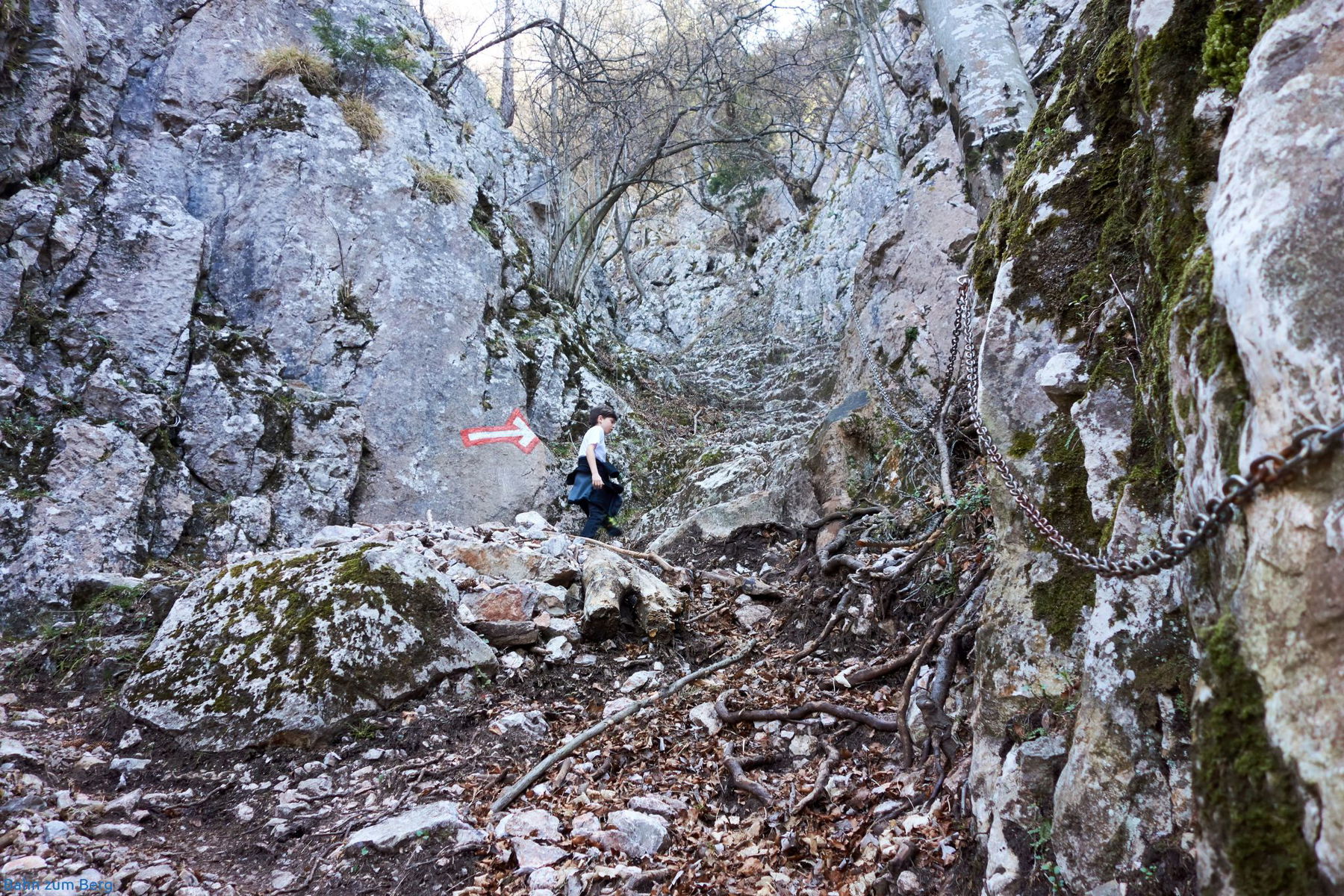 Der obere Teil wird und bleibt dann steil. Der Weg ist teilweise mit Stahlketten versichert.