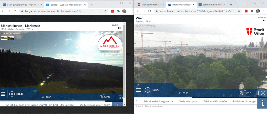Screenshot vom 18.07.2020 07:10. Links Mönichkirchen sonnig, rechts Wien im Regen. Foto: Martin Heppner