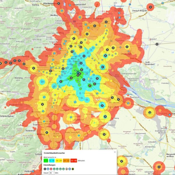Screenshot Erreichbarkeit Hauptbahnhof Wien (Quelle: AnachB). Zum Vergrößern anklicken.