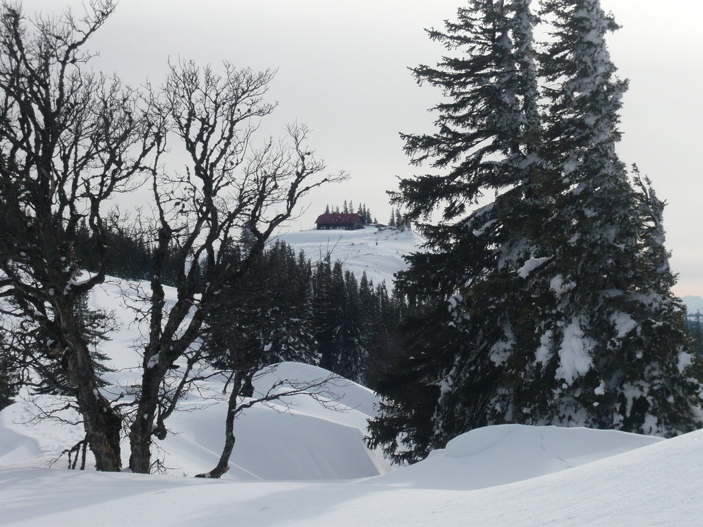 Links das alte Annaberger Haus, rechts hinten die kleine Pyramide des Lugauers im Gesäuse. Foto: Alpenverein Edelweiss