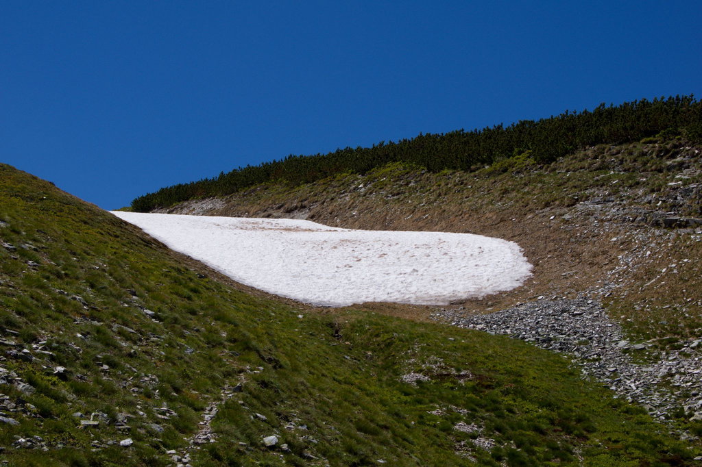Im Juli noch ein Schneefeld… Habe es ca. 1min barfuß ausgehalten. Dann schnell wieder Socken drüber und Schuhe an. Foto: Franz Haas