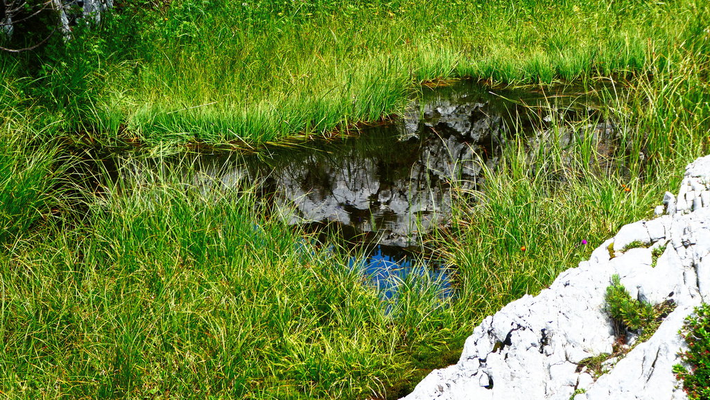 Kleines Auge Gottes  -  die spiegelglatte Wasserfläche zeigt Felsen und ein Stückchen Himmel. Foto: Karl Plohovich