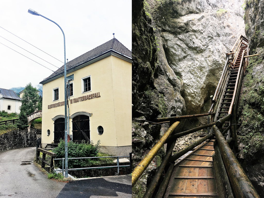 E-Werk Trattenbachfall und die Holztreppen durch die Schlucht (Fotos: Stefan Hochhold)
