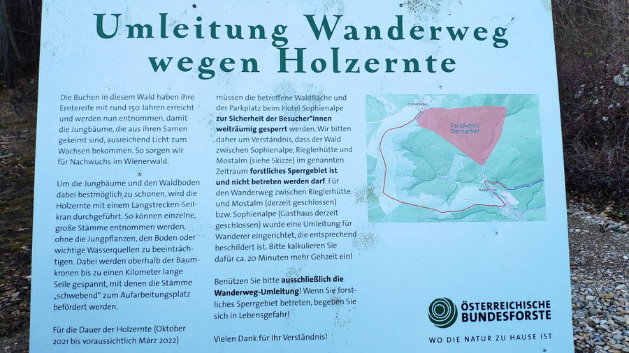 Warnschild wegen Holzarbeiten. Foto: Birgit Matzinger