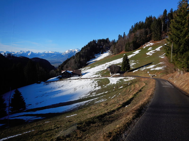 Fahrt mit dem Bus Nummer 6 nach Millrütte: Blick aus dem Heckfenster zurück ins Rheintal. Foto: Didi Trummer.