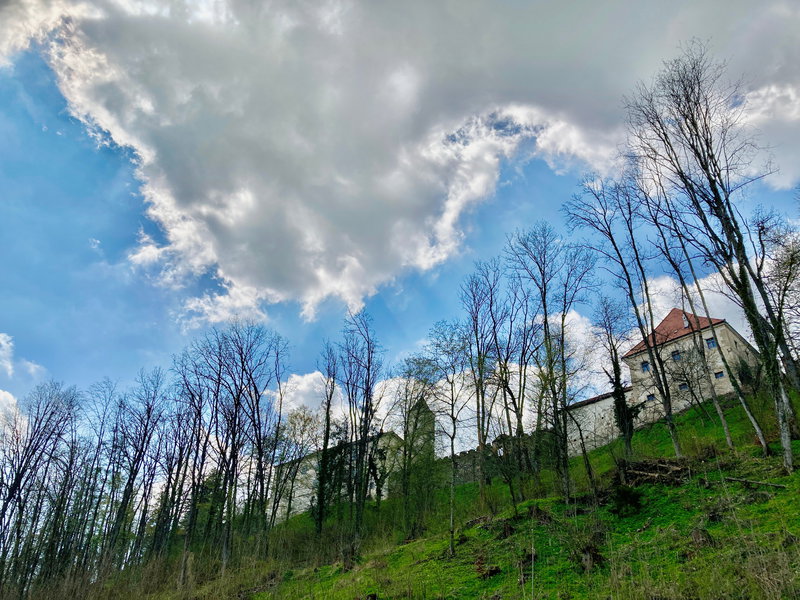 Schloss Eschelberg. Perspektive von der Bezirksstraße hinauf. Die Burg wirkt schwer einnehmbar. Foto: Stefan Hochhold
