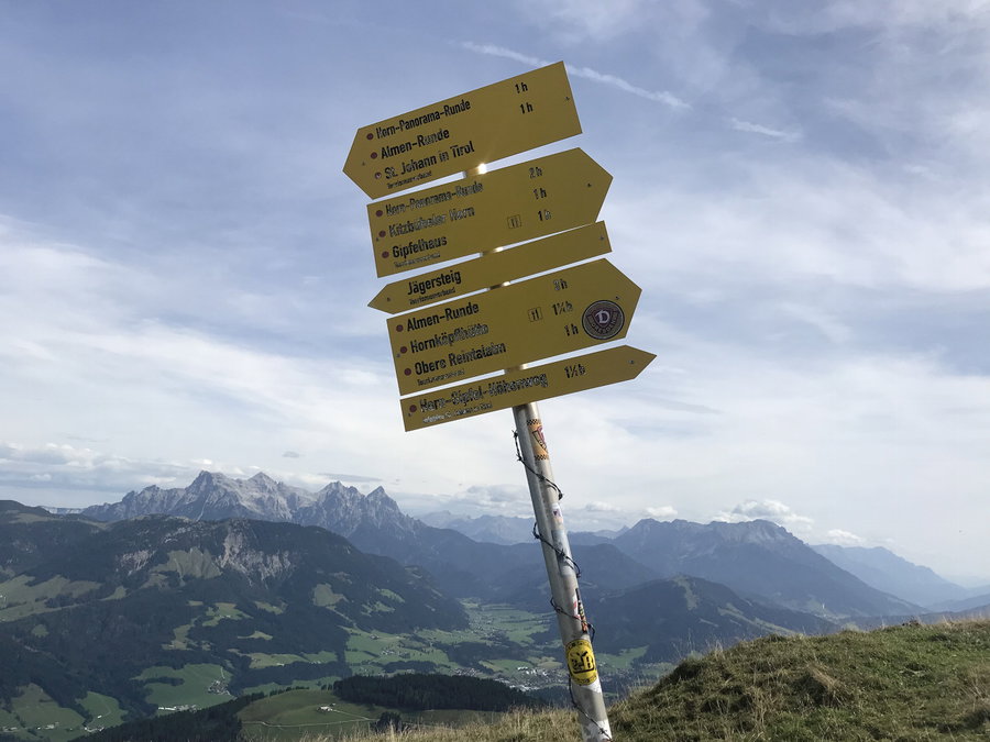 Ein etwas aus der Horizontalen geratener Wegweiser. Foto: David Kurz