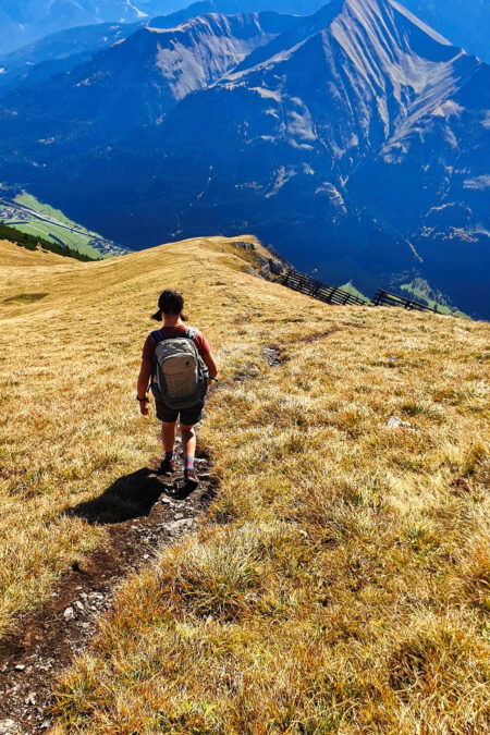 Der erste Teil des Abstiegs erfolgt über einen laaaaangen Grasrücken. Die Lawinenanbruchverbauungen zeugen von der Lawinengefahr im Winter. Foto: Niklas Kraus