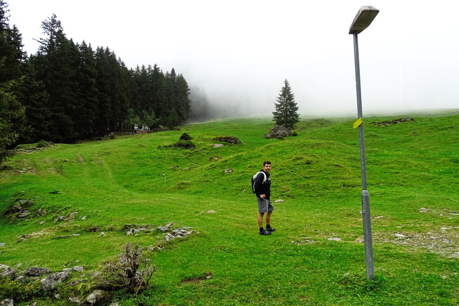 Warum hier Straßenlaternen stehen ist uns ein Rätsel, vielleicht wird die Straße im Winter zu einer Rodelbahn? Über den Wegweise freuen wir uns jedenfalls, über den Nebel weniger. Foto: Protect Our Winters Austria