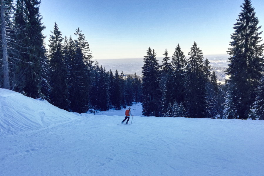 Waldabfahrt mit Blick ins vernebelte Allgäu. Foto: Norman und Lisa