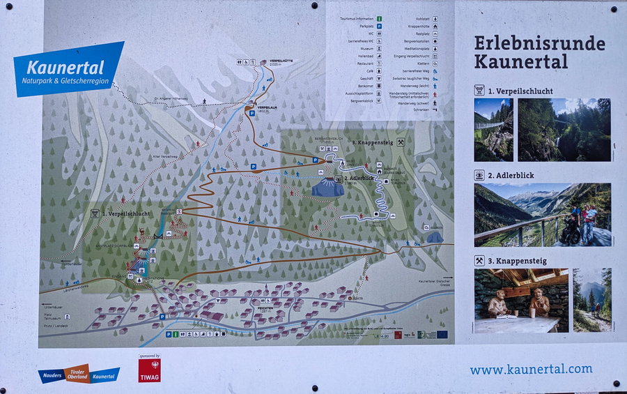 Links auf der Übersichtskarte ist der Weg durch die Verpeilschlucht zu sehen, hierfür muss man sich Tickets besorgen - am besten im Vorhinein online, die Verkaufsstelle bei der Mautstation ist zu Fuß ein Stück entfernt. Foto: Thomas Obermair, Protect Our Winters Austria (POW AT)