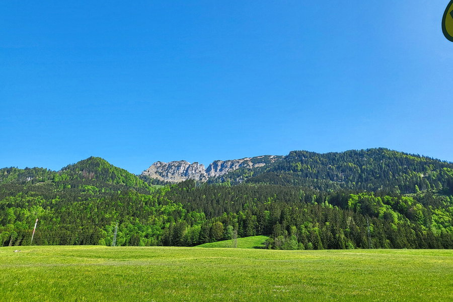 Schon von der Bushaltestelle sieht man hinauf zum Grabnerstein, die Grabneralm ist allerdings nicht zu erkennen. Foto: Anna, POW AT