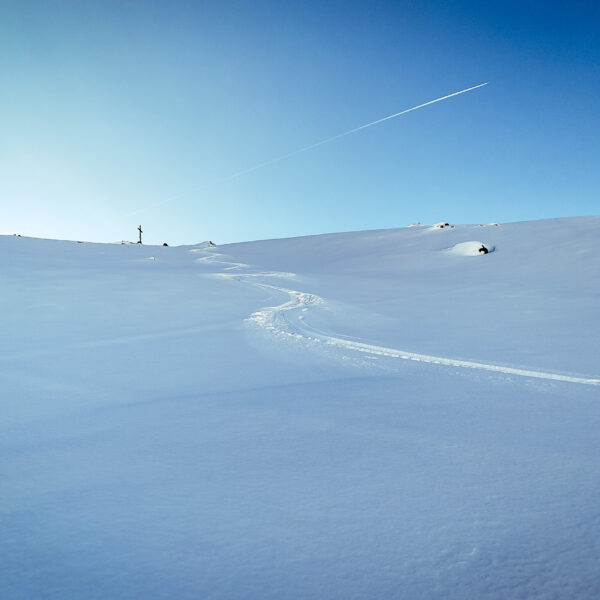 Die erste Spur in den unberührte Abfahrtshängen im Osten des Schaflegerkogels. Foto: Simon Widy