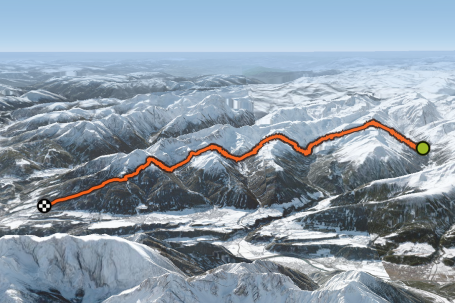 Der Routenverlauf des Großen Fotscher Express von Praxmar über Roter Kogel, Schaflegerkogel, Hoadl und Birgitzköpfl nach Mutters. Foto: Simon Widy auf FATMAP