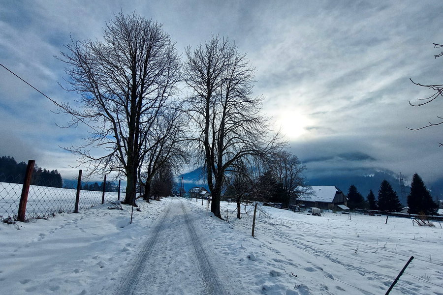 Blick zurück auf die letzten Häuser von Kammern, die Sonne scheint leicht durch die Wolken. Foto: Alice Frischherz