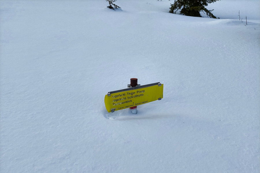 Tief verschneiter Wanderweg im Abstieg. Foto: Alice Frischherz