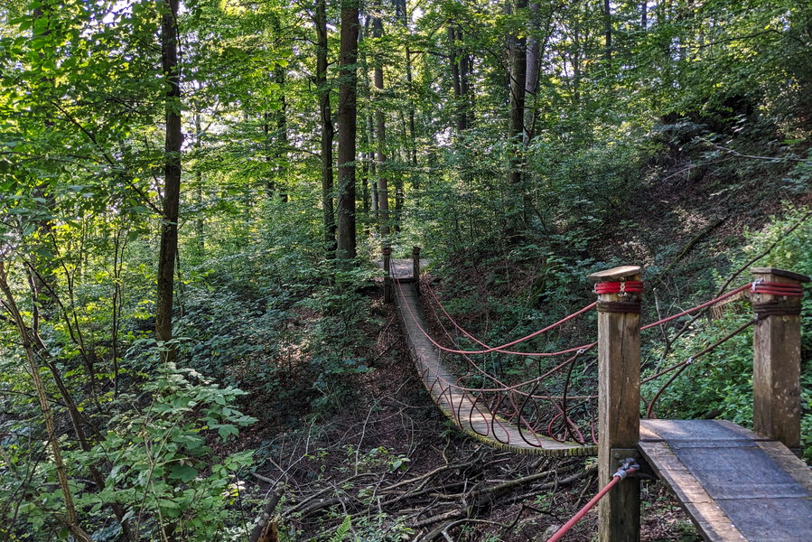 Hochseilgarten auch am normalen Wanderweg, zumindest in abgeschwächter Form. Diese Hängebrücke ist Teil des Abstieges, ebenso wie Partnerschaukeln, Hörtrichter und vieles mehr. Foto: Thomas Obermair