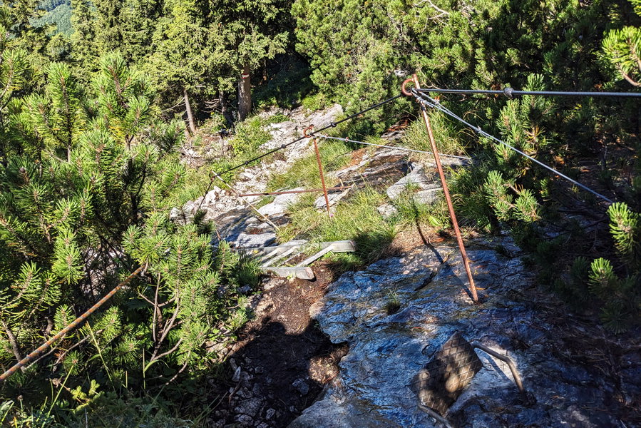 Hier ein Bild der steilsten Stelle im Abstieg. Mit etwas Vorsicht ist diese gut im Fels verankerte Leiter einfach überwindbar. Foto: Thomas Obermair