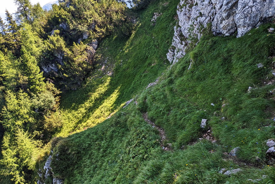 Zugegeben, das nasse Gras hat zu Beginn zu ein bisschen Bodenkontakt für unseren Allerwertesten geführt. Doch mit etwas Achtsamkeit bewältigt man auch diesen Weg ohne Gefahr! Foto: Thomas Obermair