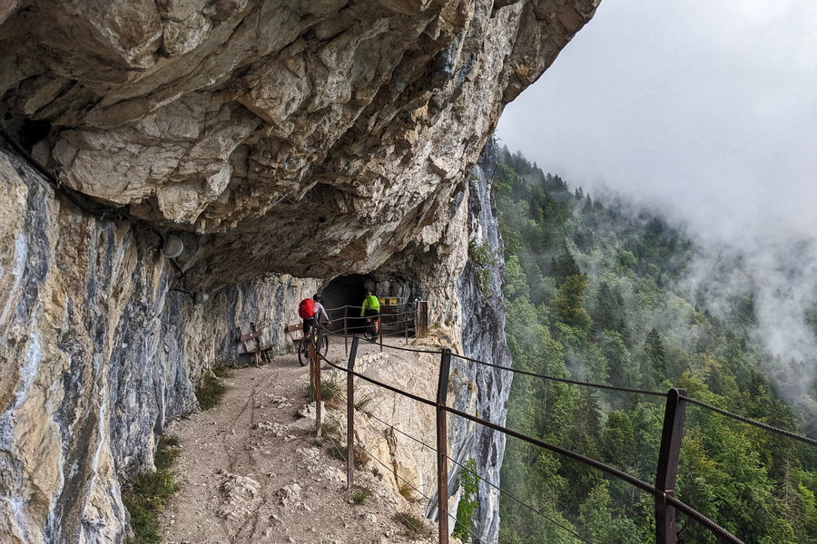 Bei diesem Weg nicht mehr den Fahrrädern folgen. Wir zweigen vorher links ab, um uns heute das erste Mal auf einem reinen Wanderweg zu befinden. Die Mountainbikes queren hier nun die Ewige Wand. Foto: Thomas Obermair