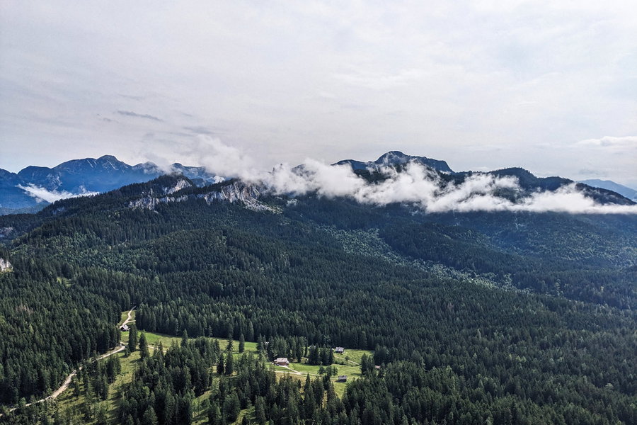 Hinter der Rossmoosalm, welche in guten Wintern auch zu herrlichen Langlauf- und Schneeschuh-Ausflügen einlädt, ist der “Zwerchwandsturz” zu erkennen. Der Felssturz hat Ende der 1970er Jahre eine gewaltige Waldschneise hinterlassen. Foto: Thomas Obermair