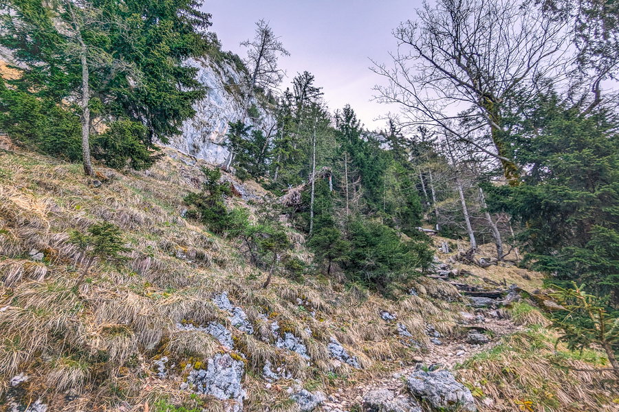 Unter den steilen Felswänden geht’s bergauf. Foto: Maresa Brandner