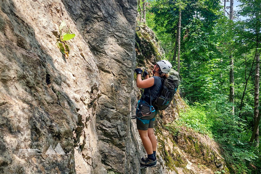 Einstiegspassage linke Route (bis D) mit Eisentritten (C). Foto: Alice Frischherz