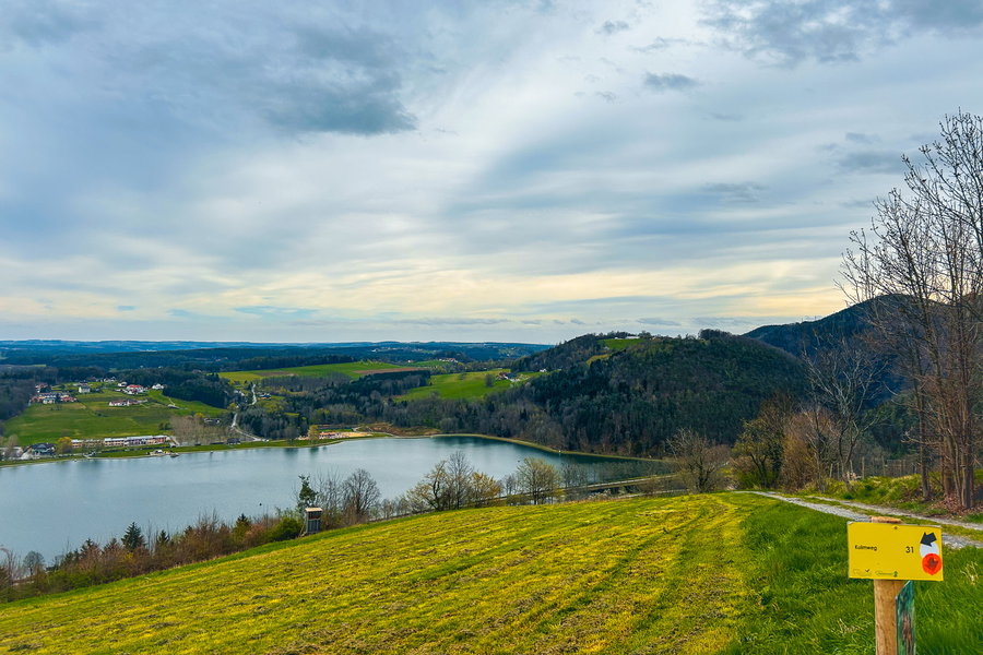 Blick auf den Stubenbergseee und eine Wegmarkierung unterhalb des Gasthofs Windhaber. Foto: David Kurz