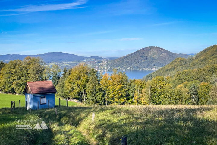 Güterweg Stegbühel Richtung Miglberg; Blick vom Miglberg auf den Attersee. Fotos: Eva Maria Ginal