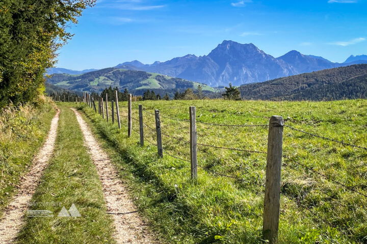 Wegweiser Richtung Hongar in Schaffling; Feldweg Richtung Hongar; Ausblick auf Traunstein. Fotos: Eva Maria Ginal
