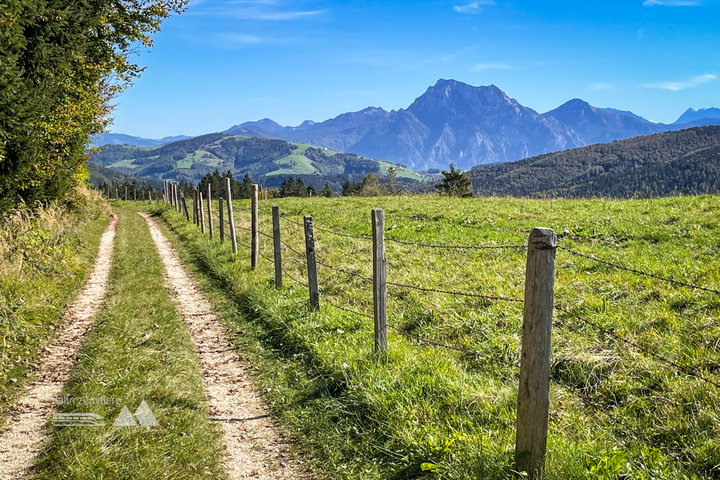 Wegweiser Richtung Hongar in Schaffling; Feldweg Richtung Hongar; Ausblick auf Traunstein. Fotos: Eva Maria Ginal