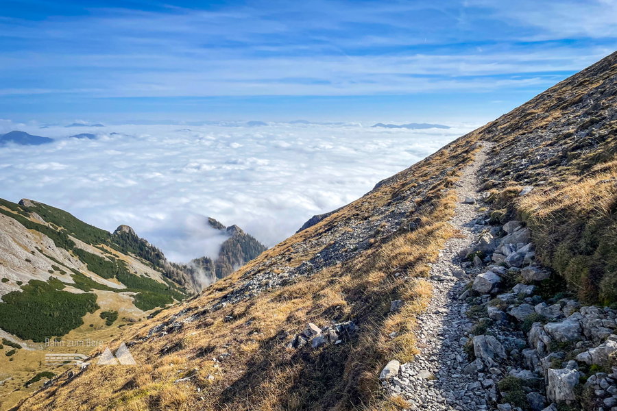 Ein besonders schöner Wegabschnitt. Links unten sieht man den Routenverlauf vom Bechlgraben hinauf auf das Gößeck. Foto: Anna, POW AT