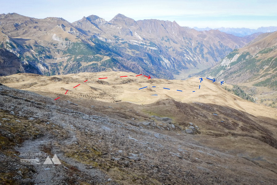 Wegspur; rot: mein Abstiegsweg; blau: der Abstieg über die „Quad-Spur“ zur Jagdhütte und Alm. Foto: Karl Plohovich
