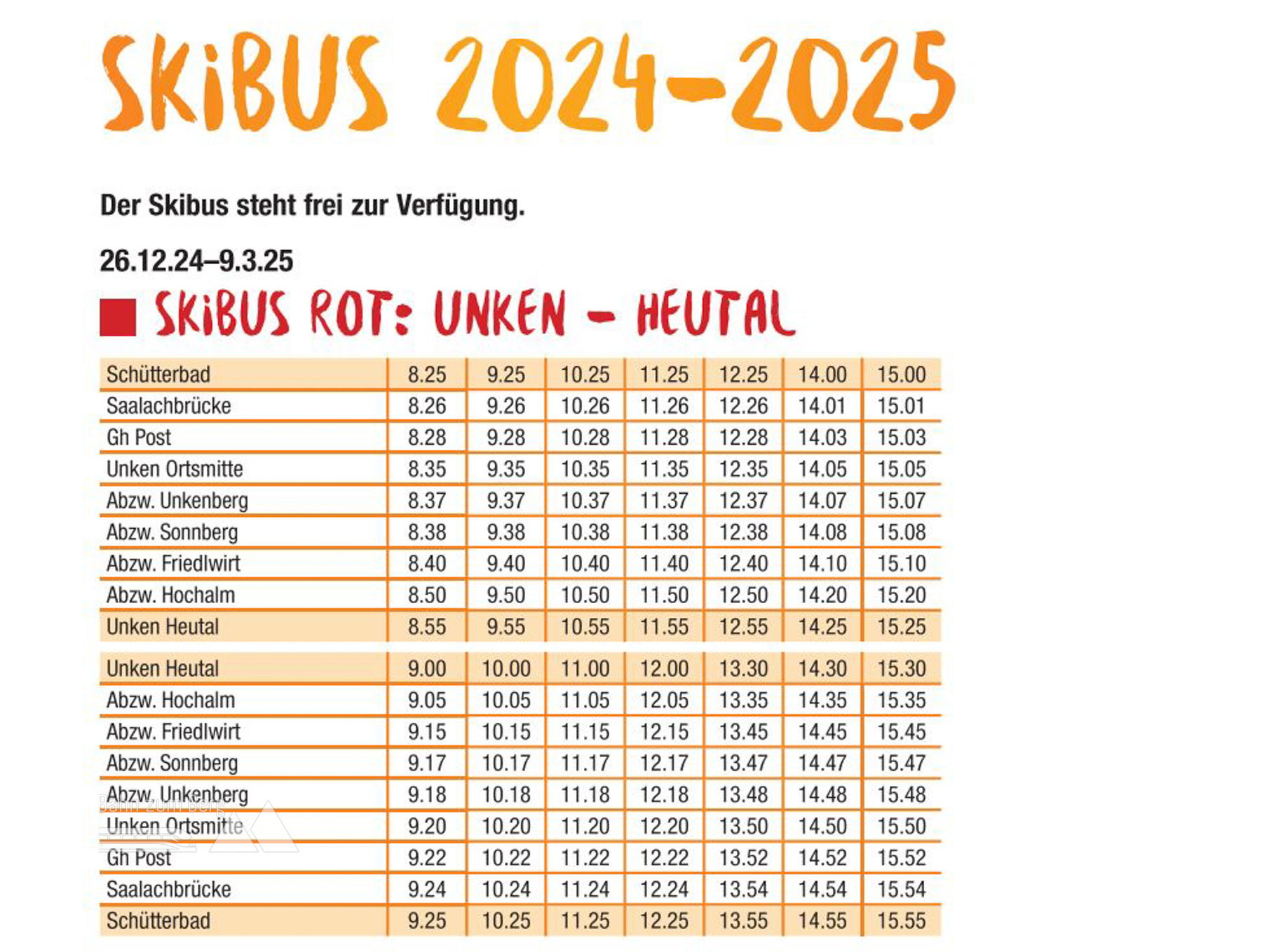 Fahrplan des Skibusses Unken – Heutal (2024 - 2025). Salzburger Saalachtal Tourismus