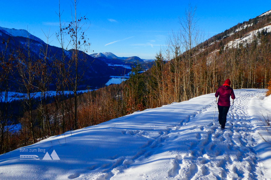 Blick zum Hintersee und bis zum Gaisberg – Sonnenweg 250 Meter über dem Tal. Foto: Karl Plohovich