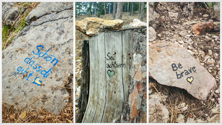 Am Weg bergab entlang des Grafenbergweg findet man immer wieder sehr aufmunternde, bestärkende und schöne Worte. Mit ein bisschen Aufmerksamkeit findet man alle. Foto: Linda Prähauser