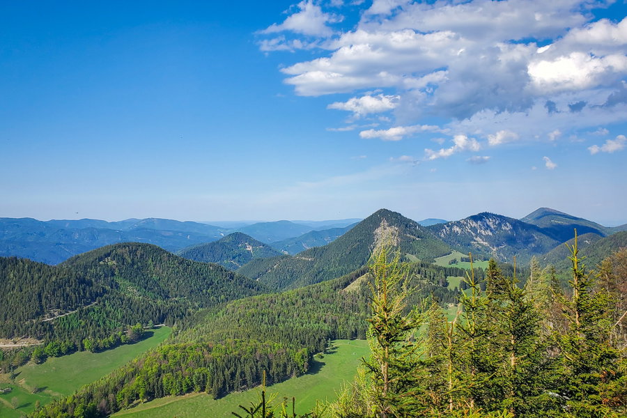 Auf den letzten Kilometern von Tag 1 genieße ich den Ausblick auf Schober und Öhler am Weg zur Dürre Leiten. Foto: Linda Prähauser