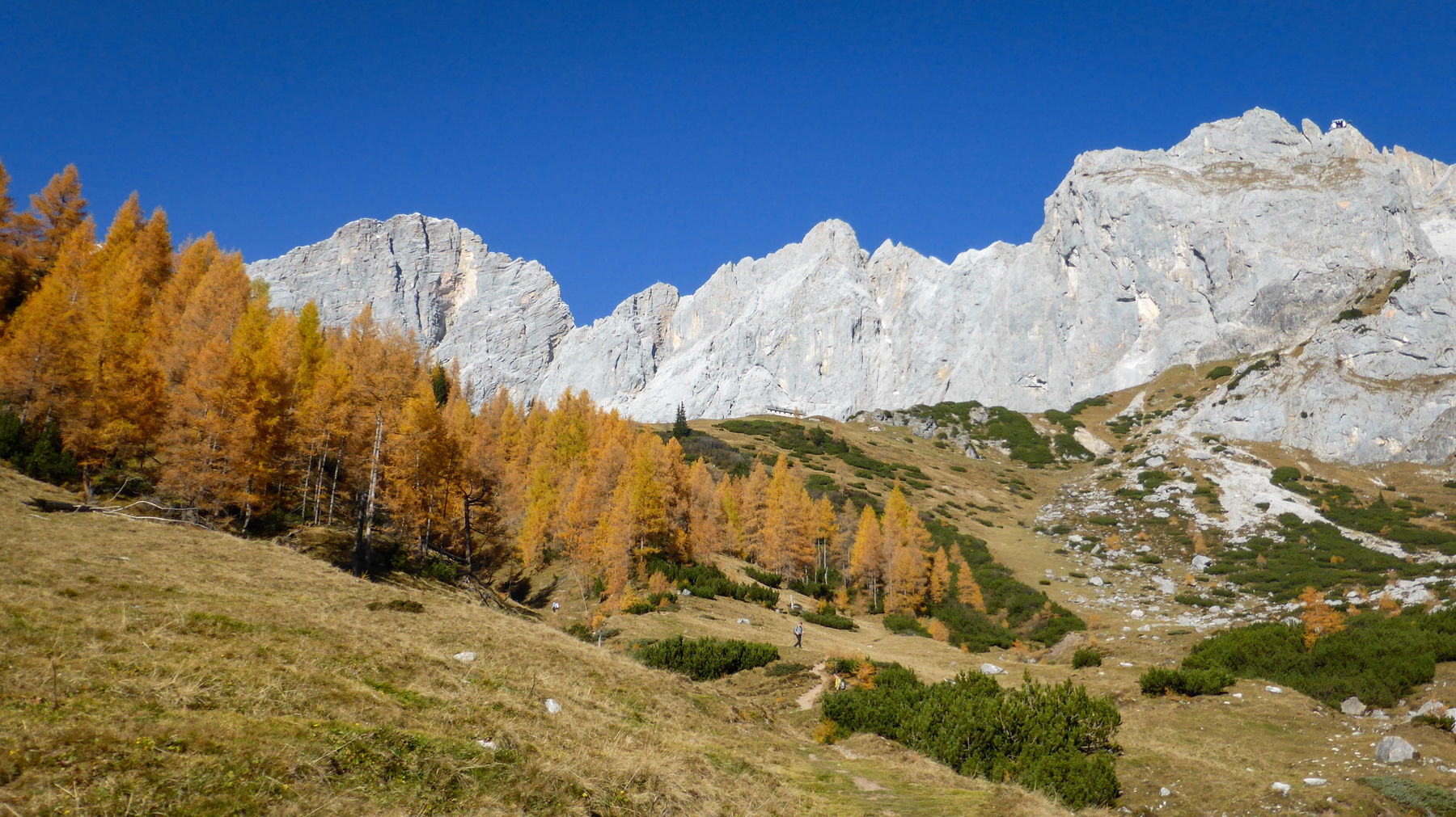 Im Angesicht der mächtigen Südwand des Dachsteinmassivs zur Dachsteinsüdwandhütte