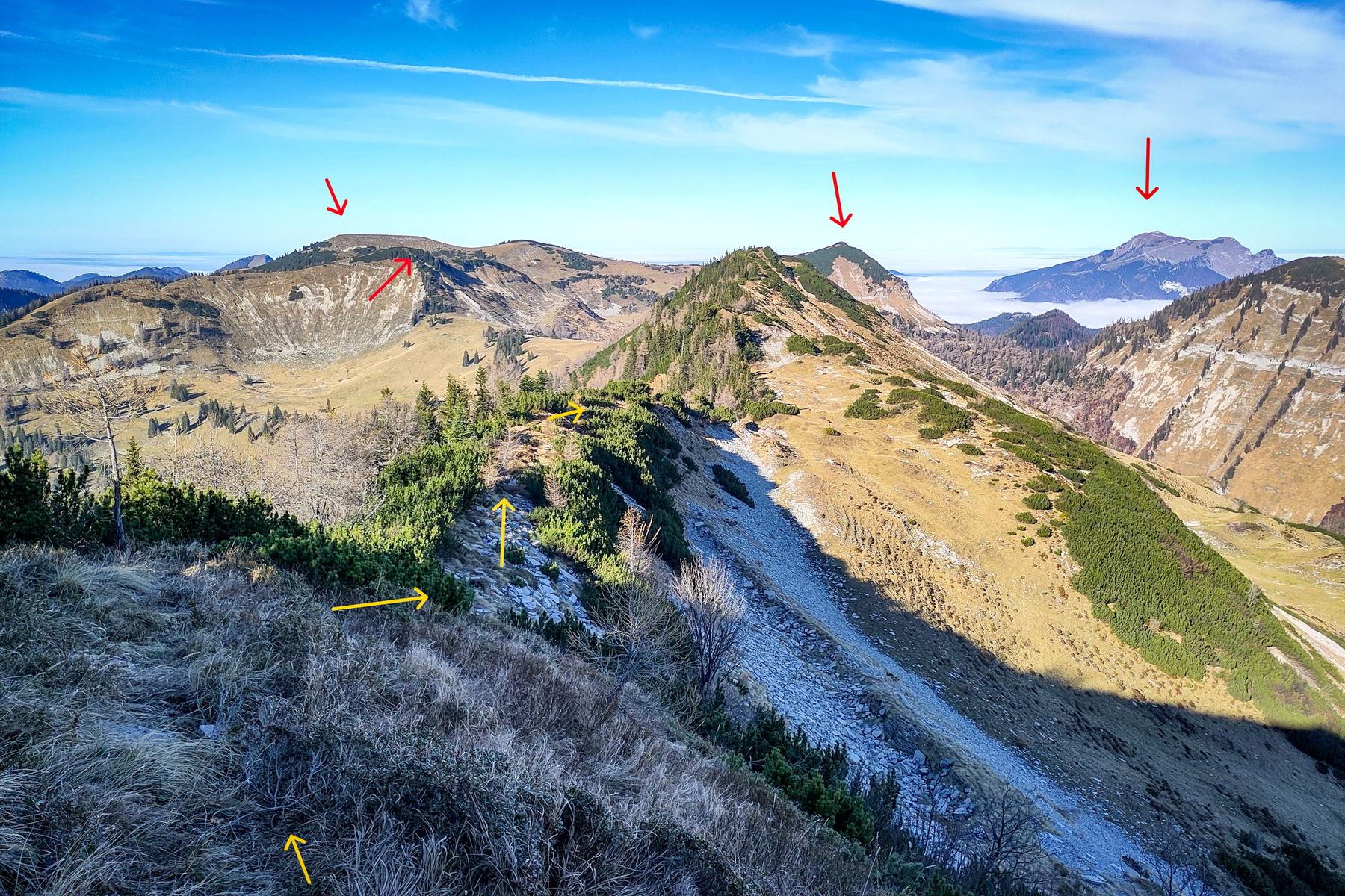 N-Grat Richtung „Im Gspiel“: Hoher Zinken, davor das Große Rad; Osterhorn und Schafberg. Foto: Karl Plohovich