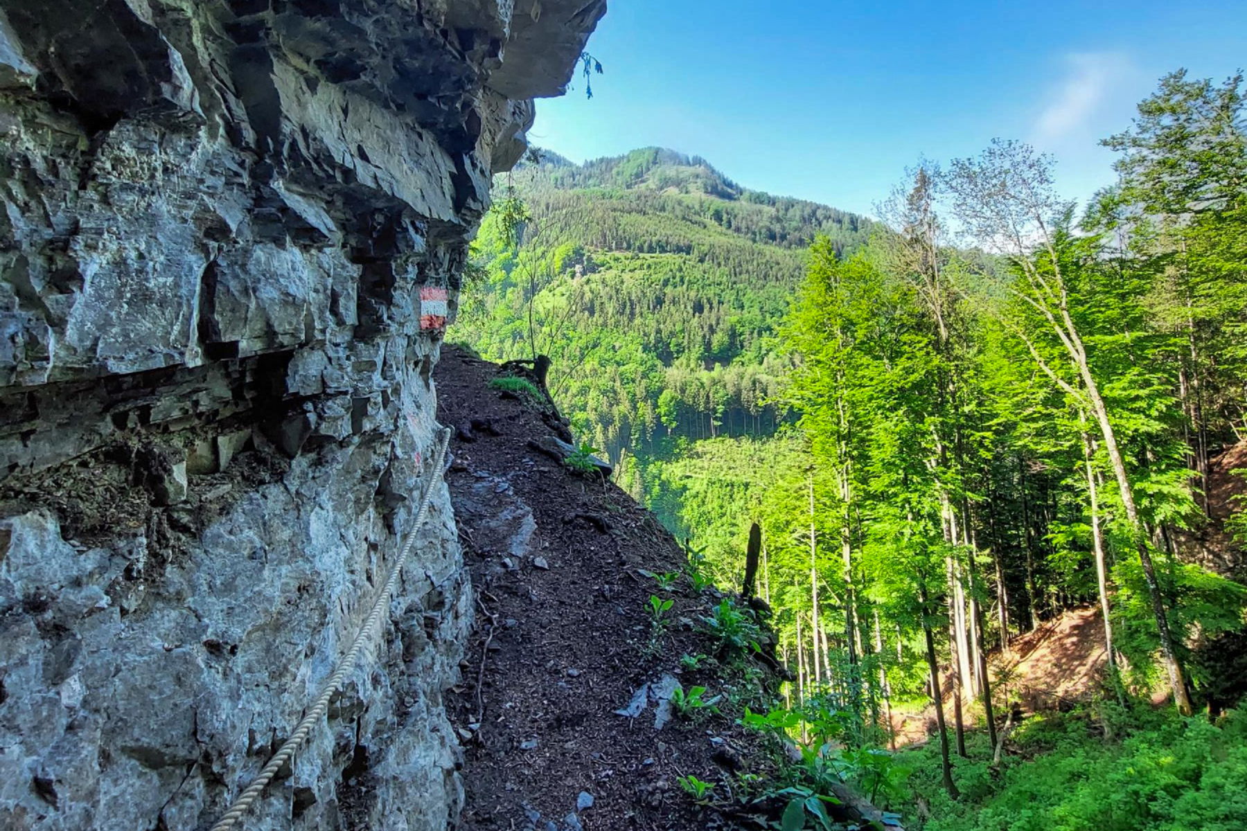 Kurze seilversicherte Passage im Arzberger Kirchsteig. Foto: Alice Frischherz
