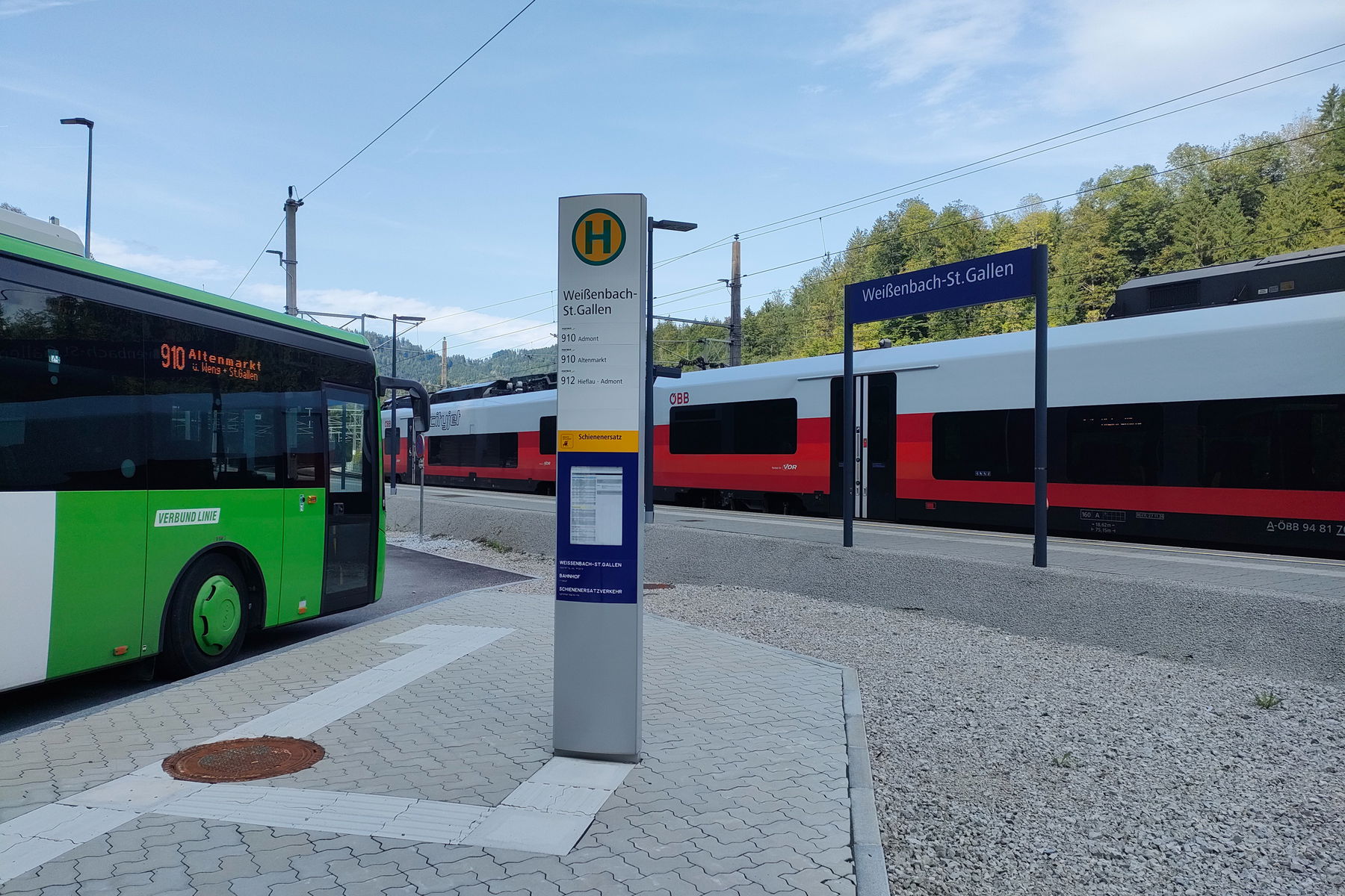 So soll es sein – Bushaltestelle 3 Meter neben dem Hausbahnsteig. Foto: Manfred Hinteregger