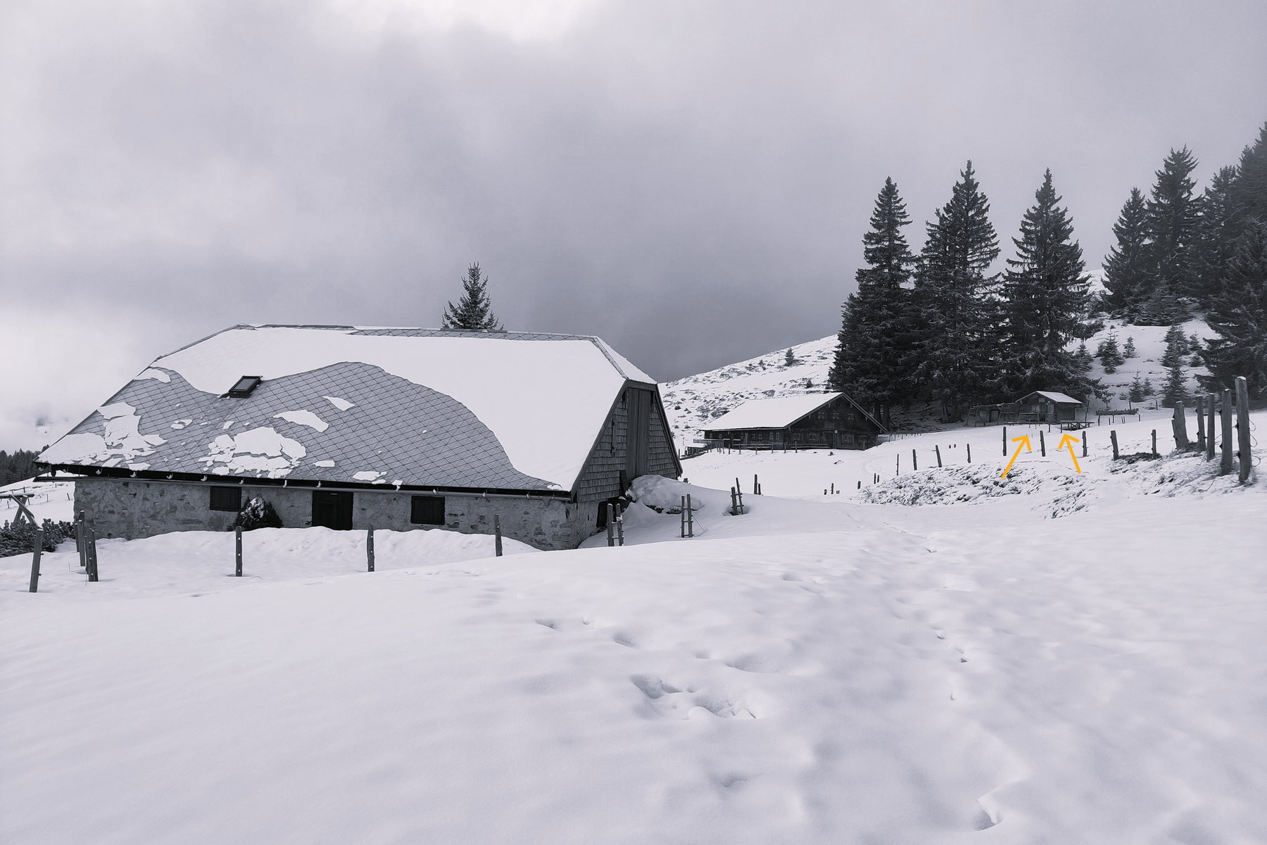Die Hütten der Bergalm mit dem Winterraum (siehe auch Titelfoto). Foto: Karl Plohovich